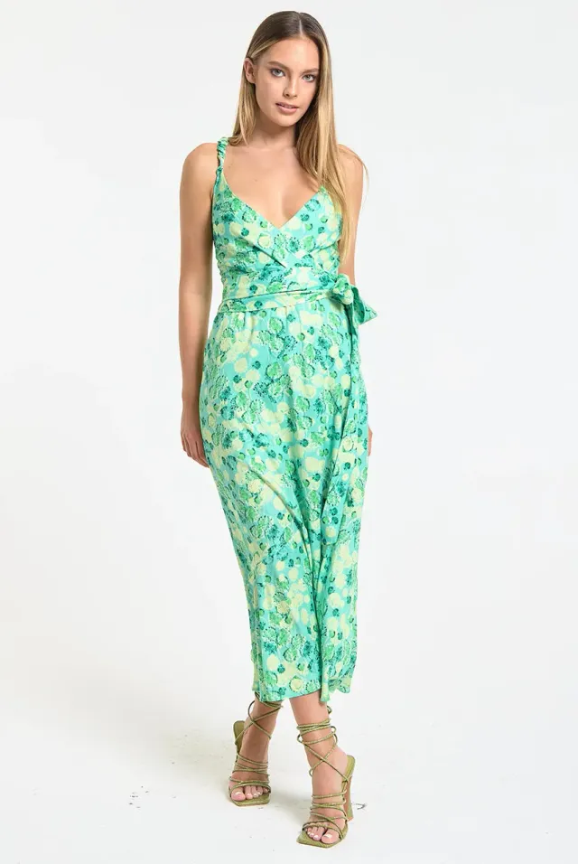 Liquorish Green Floral Wrap abito midi verde floreale scollo a V