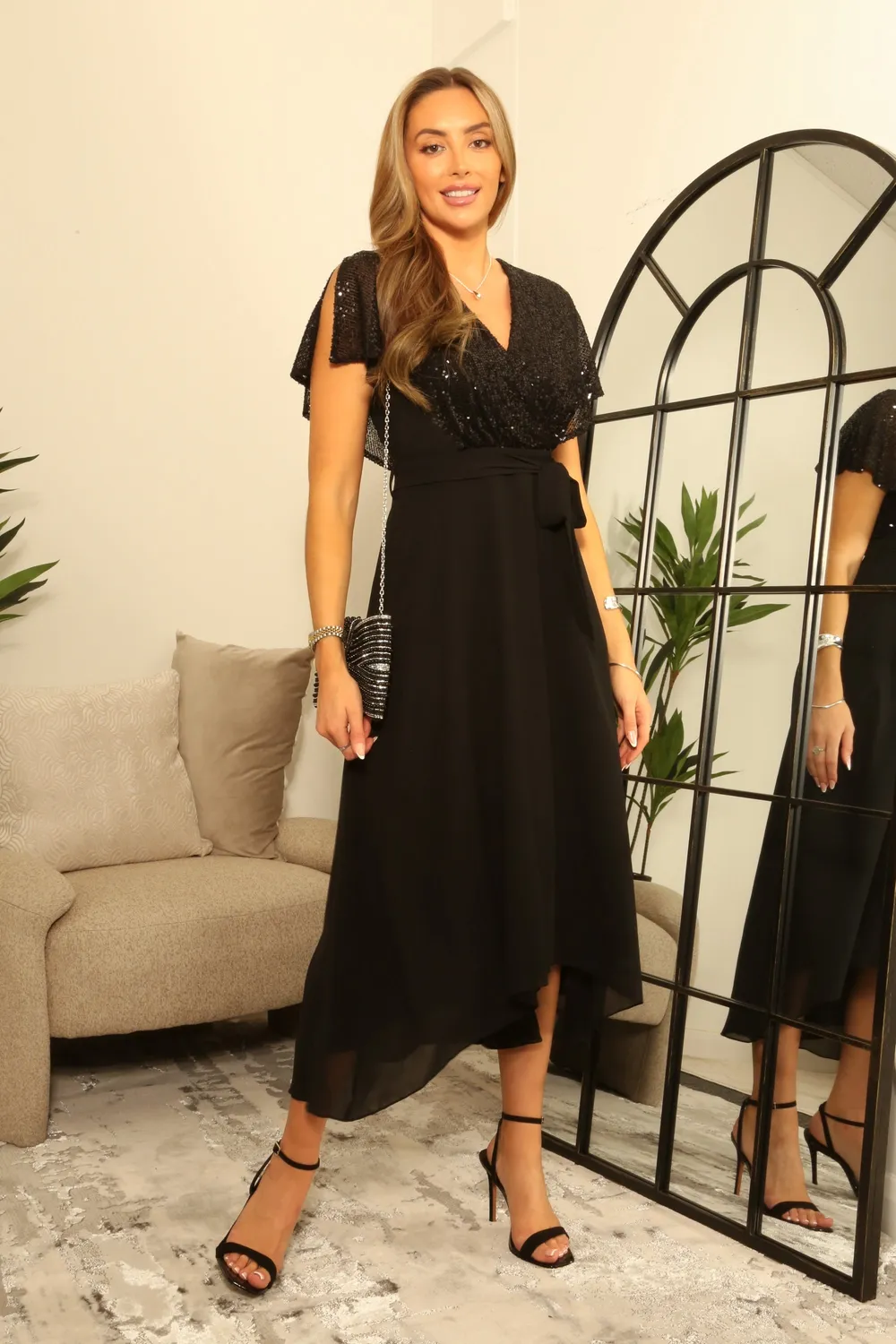 Double Second abito midi nero chiffon mantella paillettes