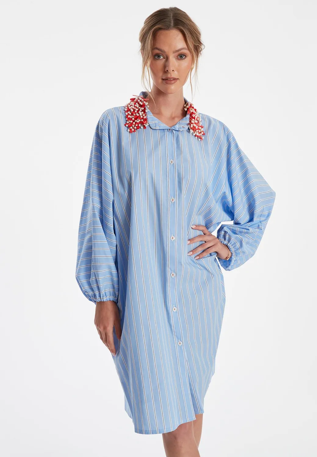 Ana Alcazar Zava abito camicia a righe azzurro