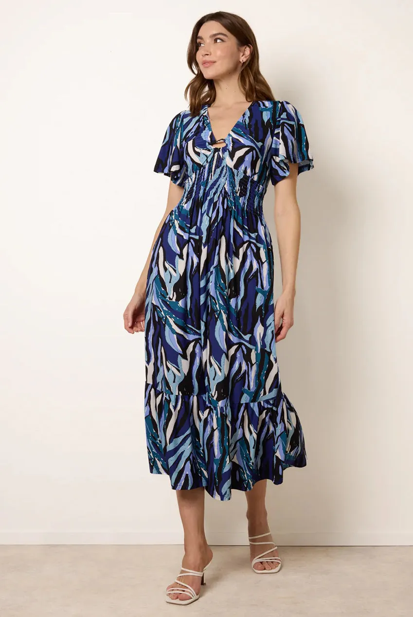 Blue Vanilla Abito Midi Blu Navy Fantasia Scollo V Anello