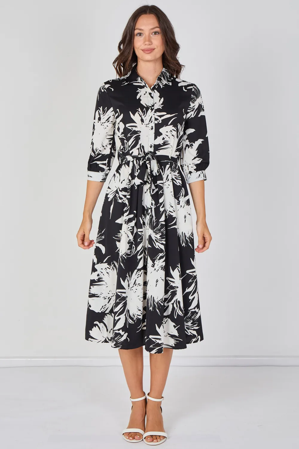 Love Sunshine Floral Midi abito camicia nero fantasia cintura