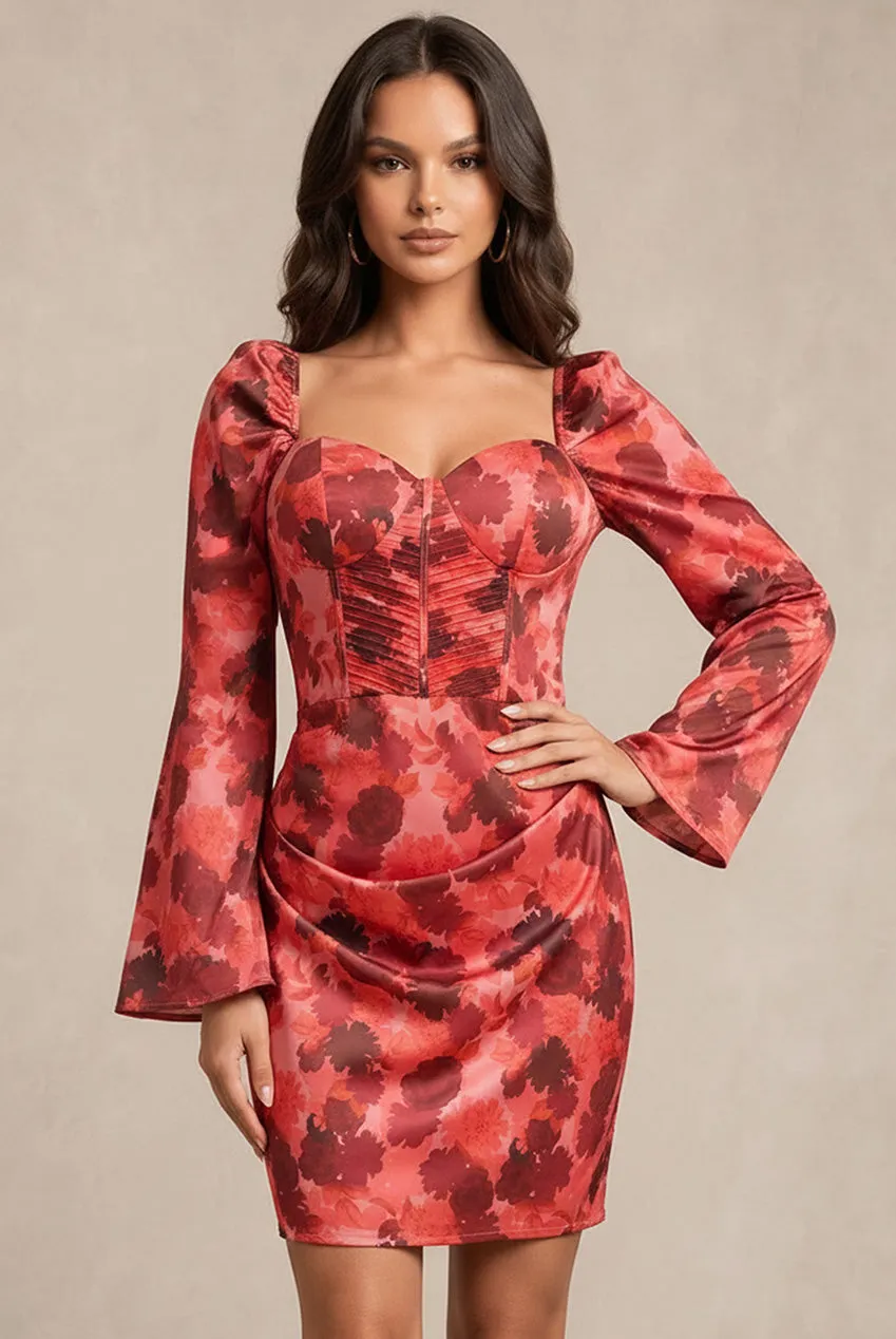 Chi Chi London abito mini rosso floreale maniche lunghe
