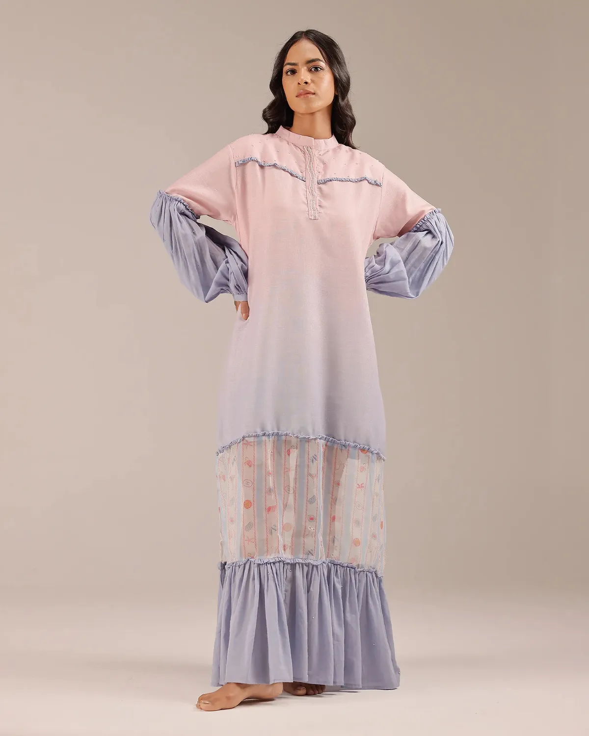 Our Dve Palm Whisper tunica lino rosa-blu collo mandarino