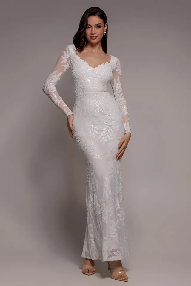 Goddiva Sequin Leaf abito maxi bianco maniche lunghe paillettes