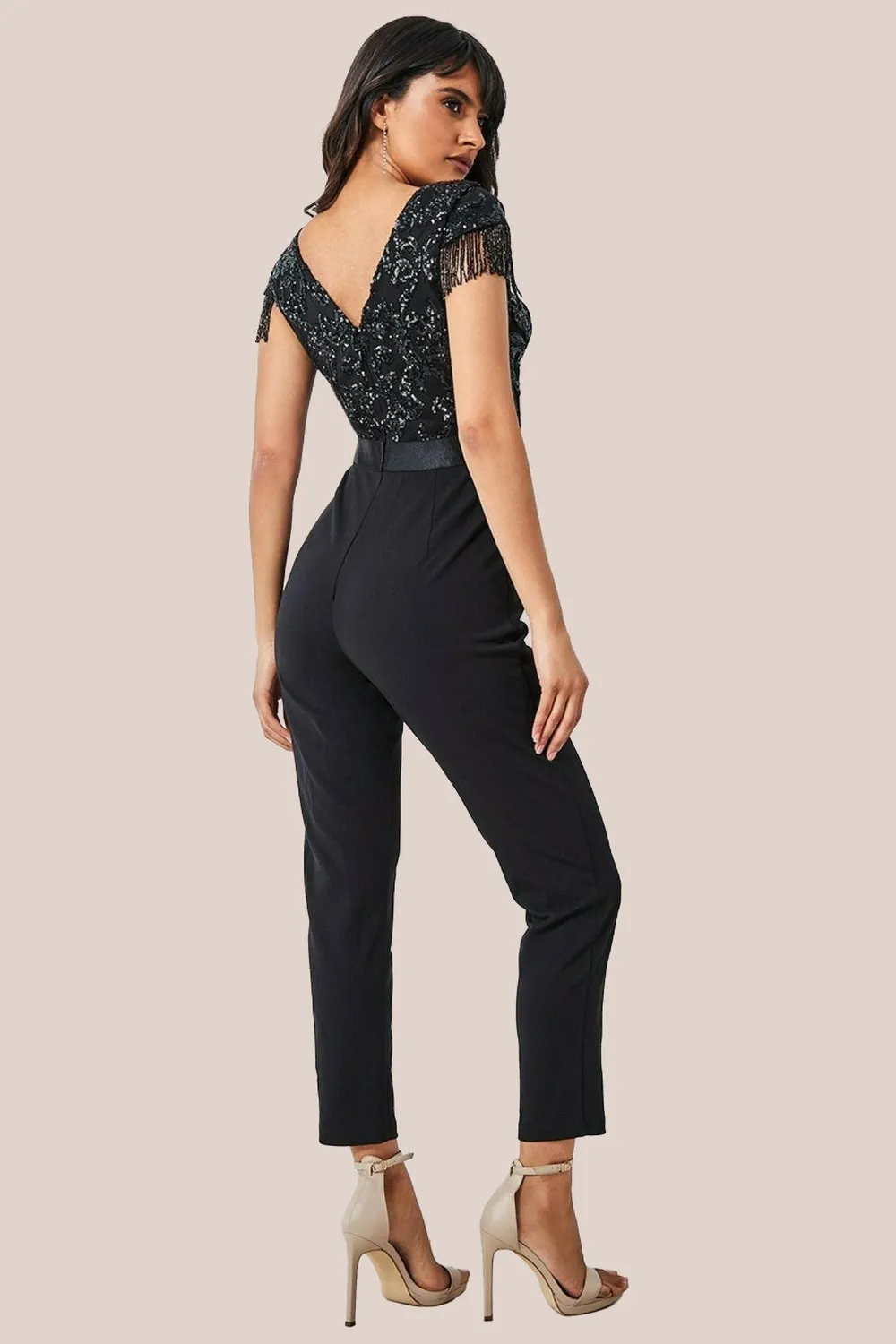 Goddiva Tassel Sequin tuta nera paillettes sera scollo tondo
