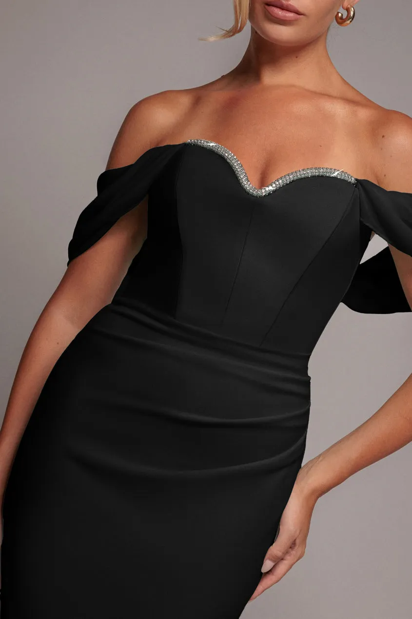 Goddiva Draped Sleeve abito maxi nero chiffon