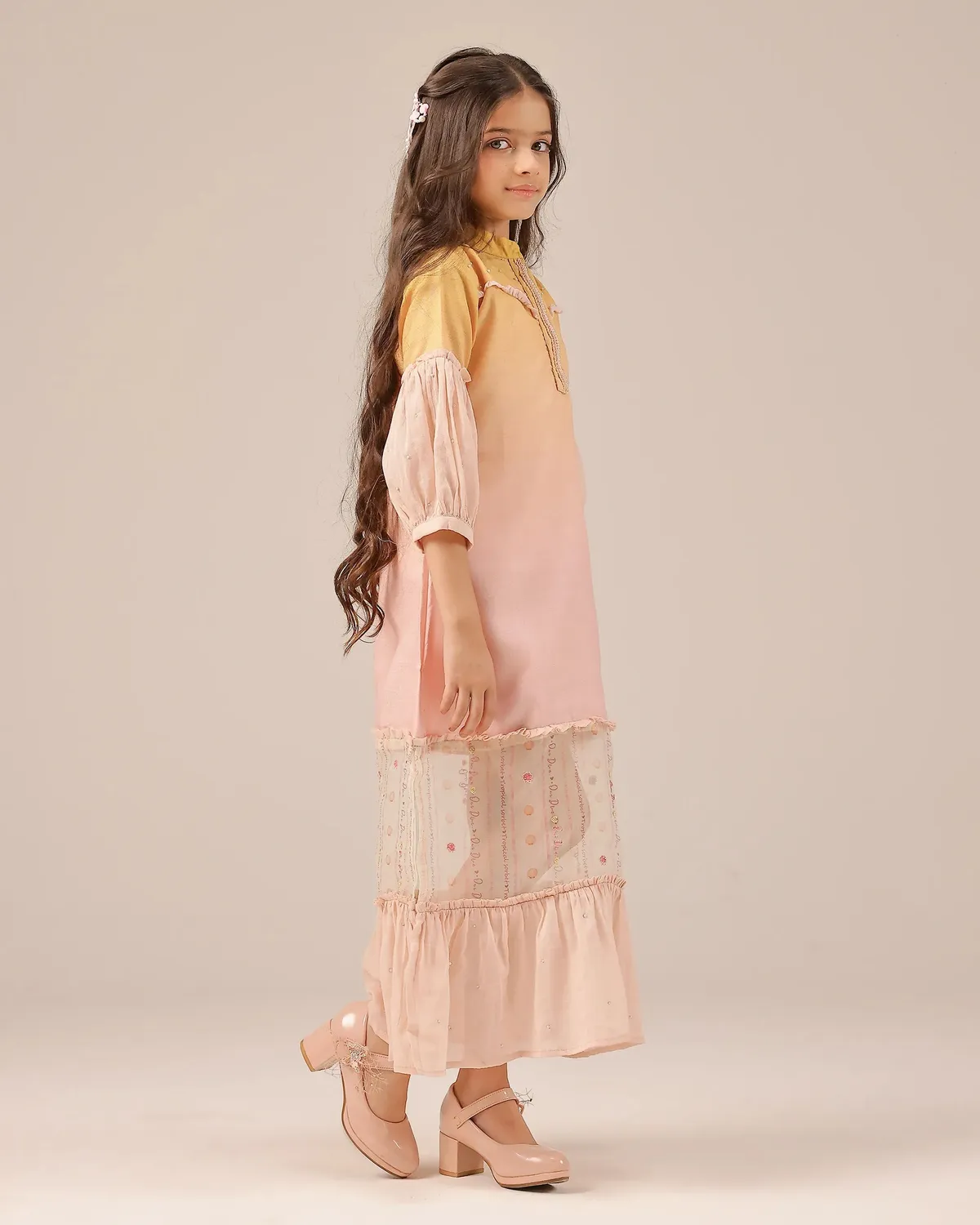 Our Dve Palm Whisper Dress abito bambina giallo rosa lino