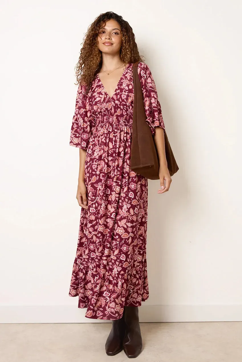Blue Vanilla Elasticated V Neck abito midi bordeaux paisley
