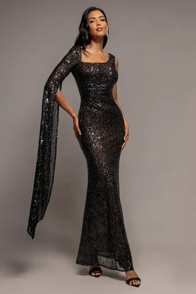 Goddiva One Side Cape Sleeve Abito Maxi Nero Paillettes Monospalla