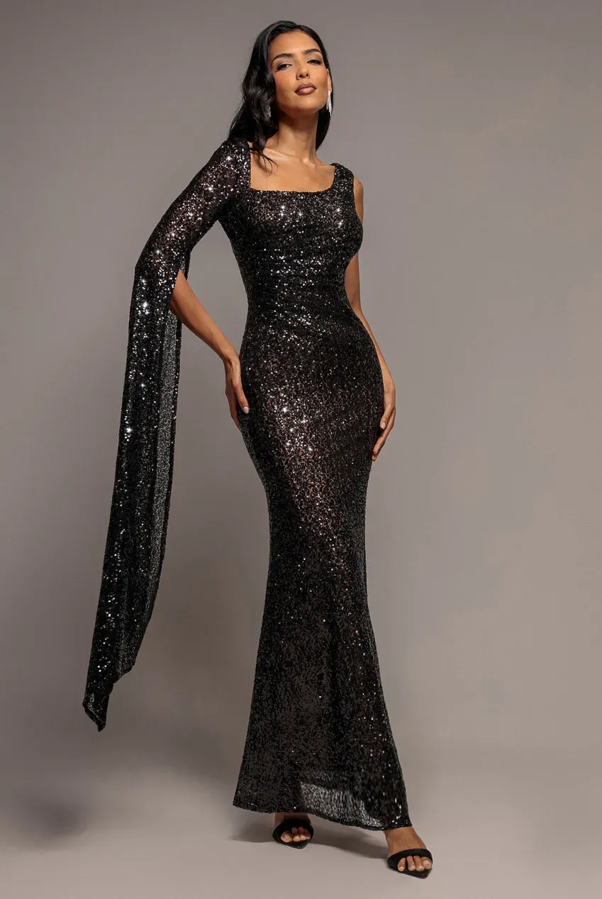 Goddiva One Side Cape Sleeve Abito Maxi Nero Paillettes Monospalla