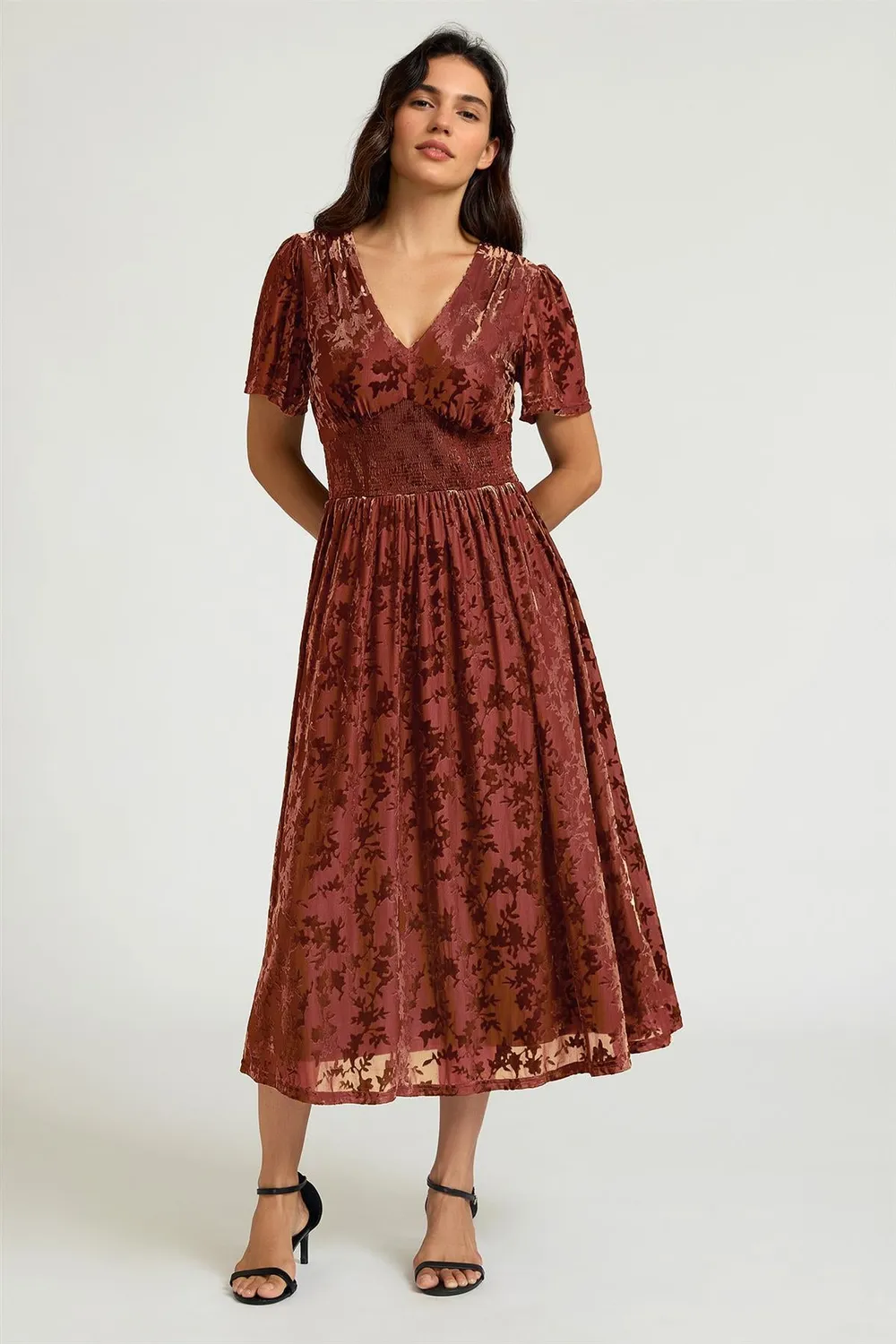 FS Collection Rust Velvet Burnout V-Neck Angel Sleeve Abito Midi Ruggine
