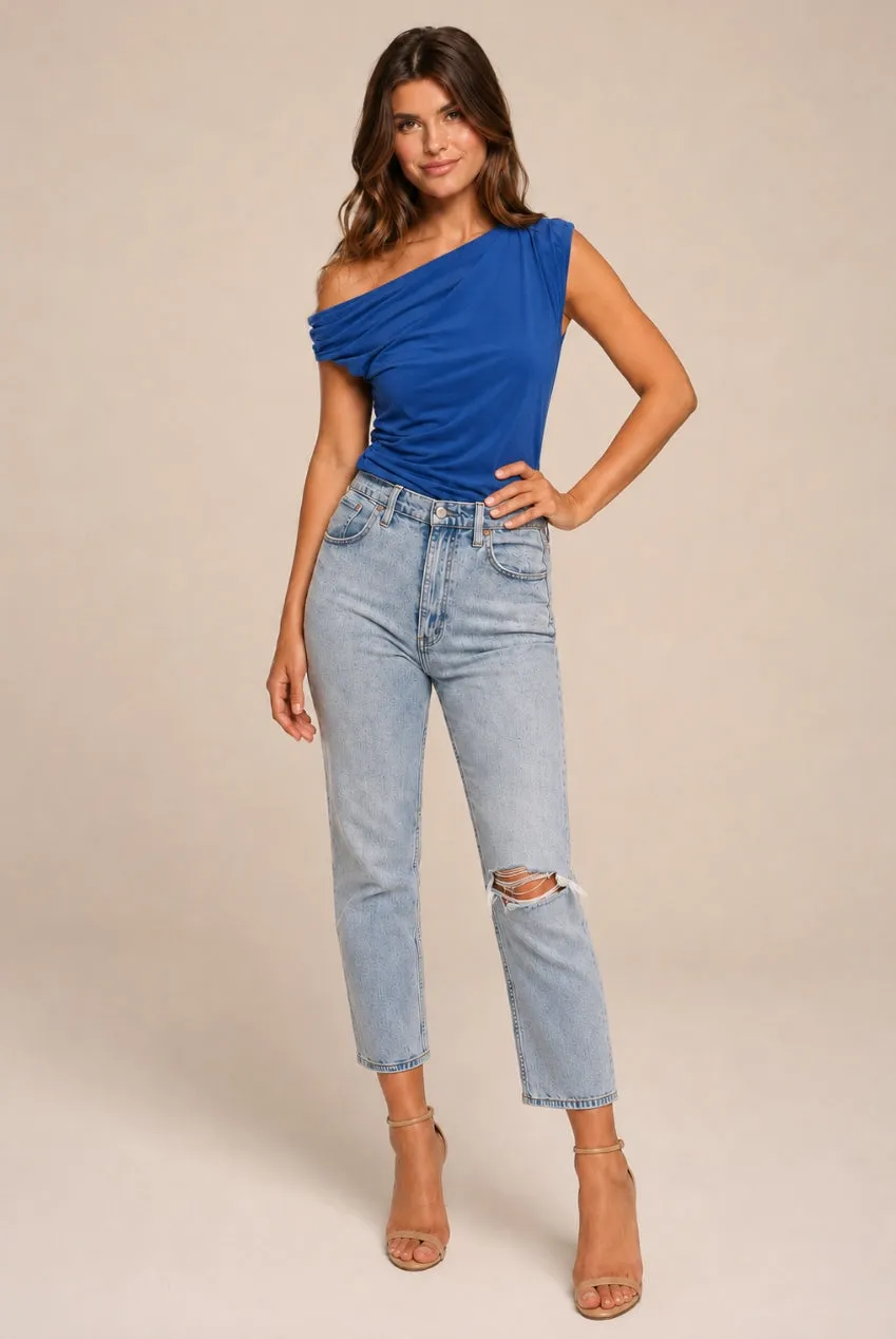 Honor Gold Top Willow Blu Spalle Scoperte Manica Corta Jersey