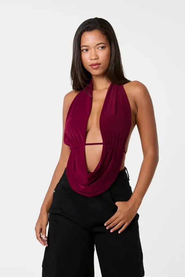 Pink Vanilla Halter Drape Tie Back top bordeaux S/M scollato