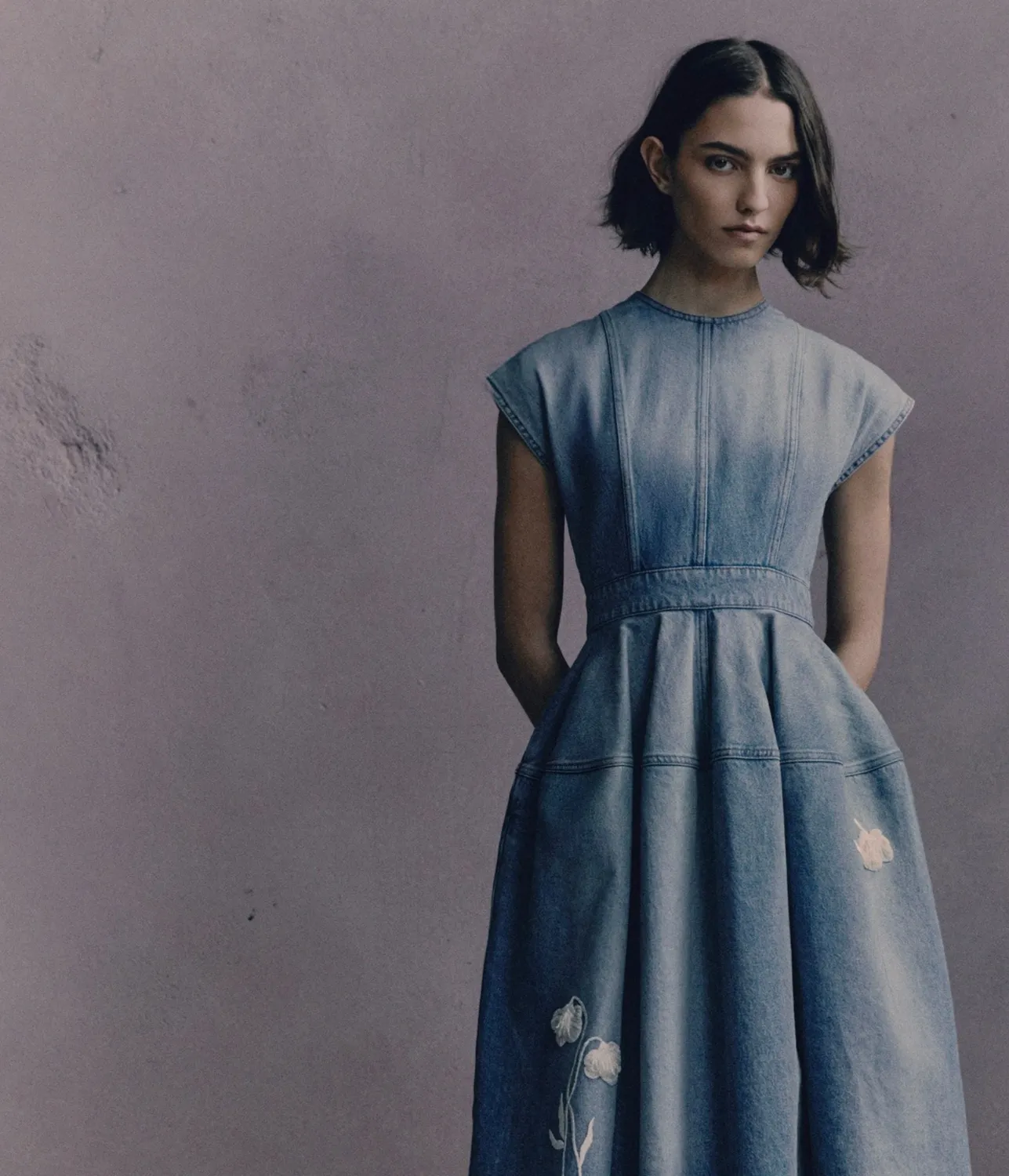 Erdem Embroidered Denim Short Sleeve Midi Dress abito midi papaveri