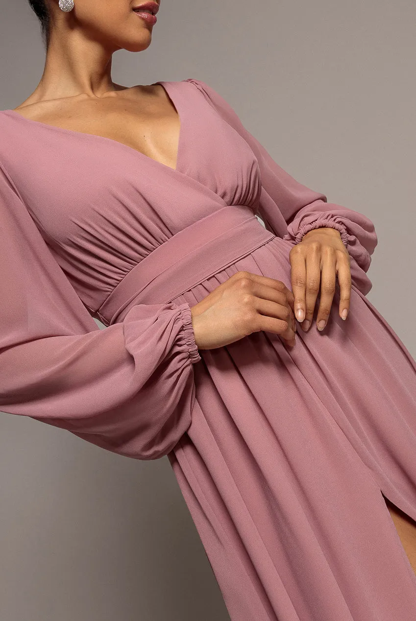 Goddiva Wrap Back abito maxi chiffon lilla manica lunga