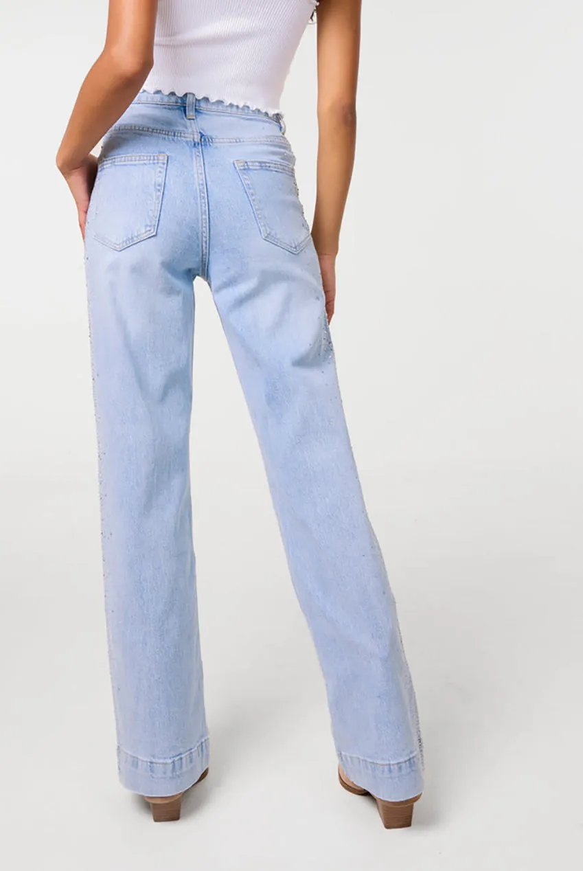 Pink Vanilla Diamante Jeans Denim Chiaro Gamba Larga