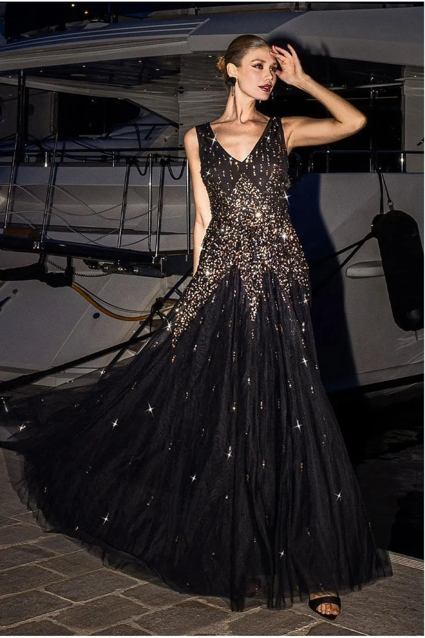 Goddiva Sunray maxi abito nero paillettes scollo V senza maniche