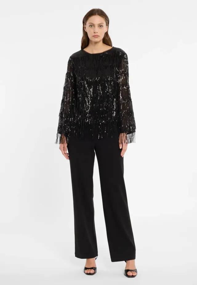 Ana Alcazar Cebala tuta nera frange paillettes