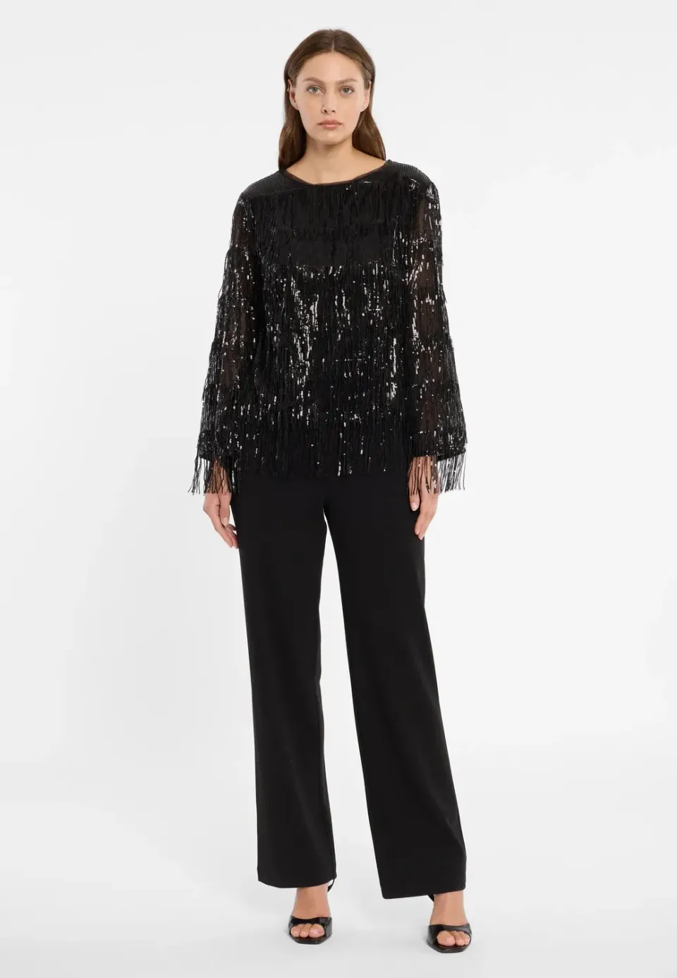 Ana Alcazar Cebala tuta nera frange paillettes