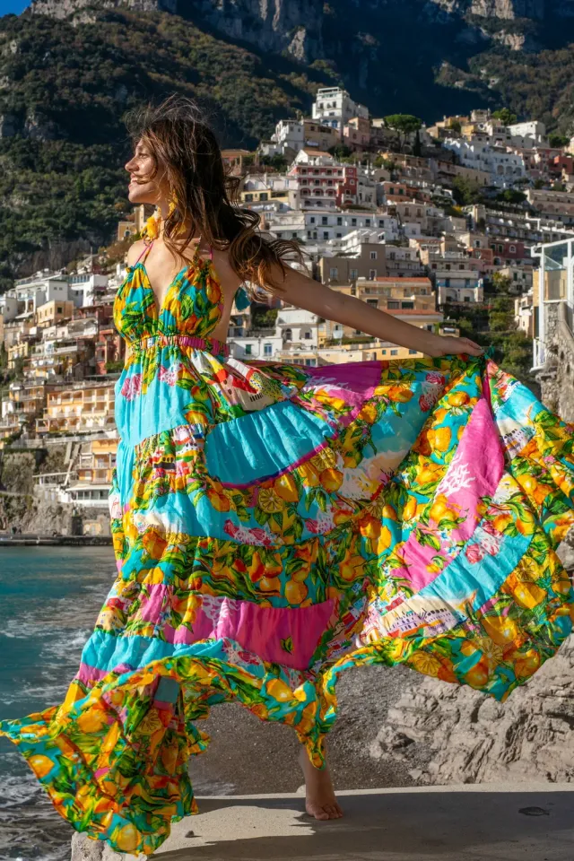 Antica Sartoria FC017 abito lungo rosa con bretelle cotone