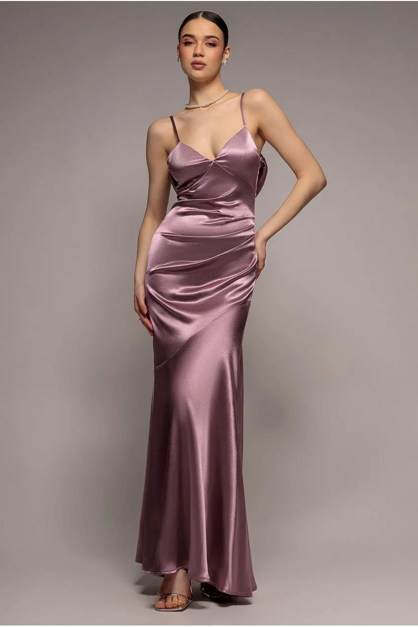 Goddiva Cowl Back abito maxi rosa in raso