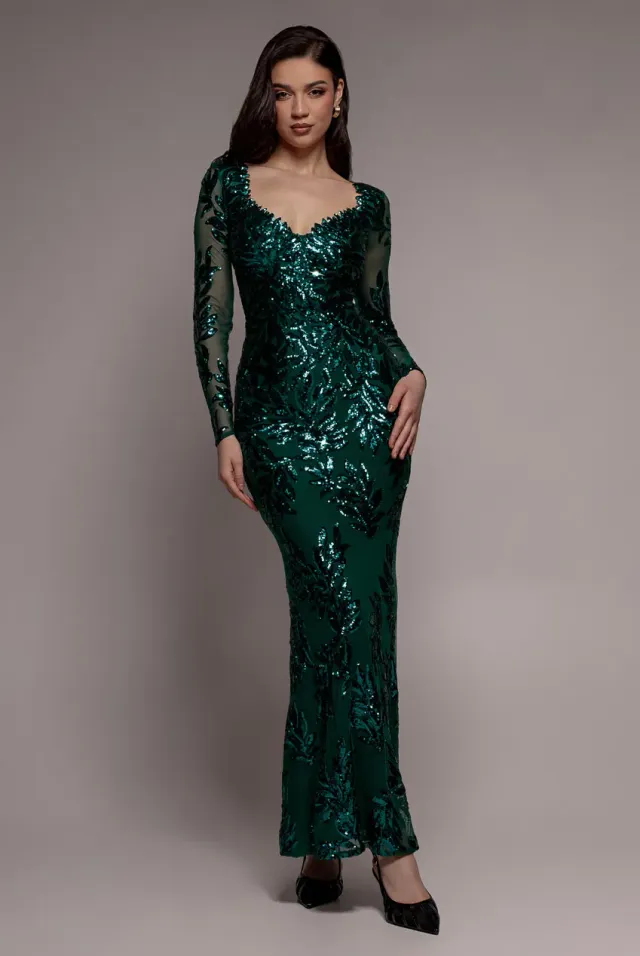 Goddiva Sequin Leaf Abito Maxi Smeraldo Taglia 10 paillettes