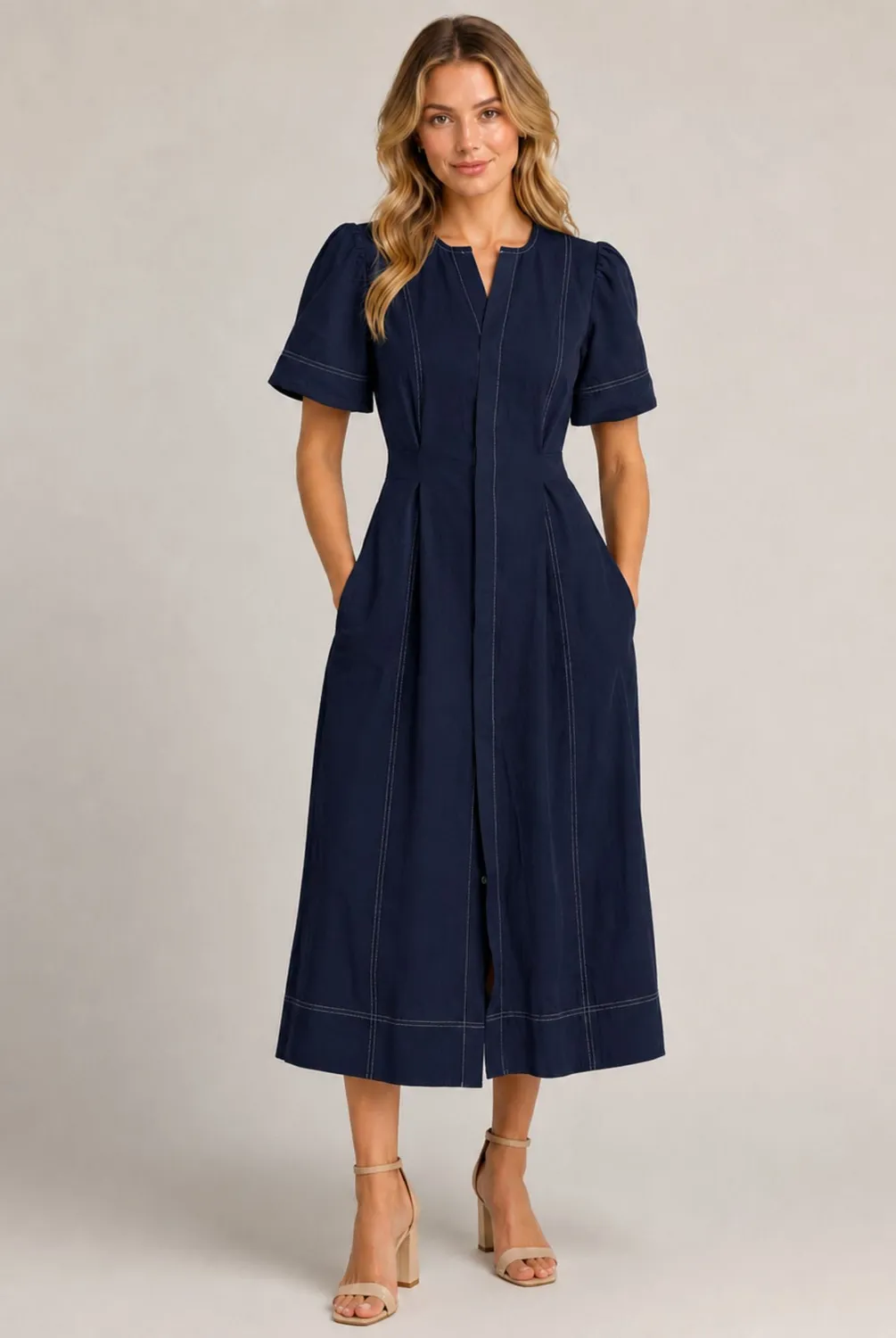 Avinci Contrast Stitch abito midi blu navy