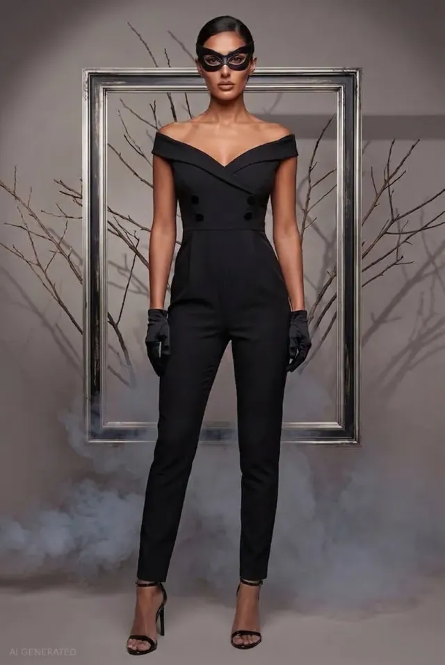 Goddiva Off The Shoulder Catwoman tuta nera Halloween