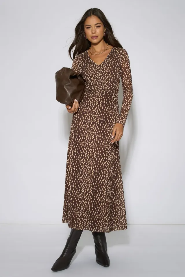 Gini London Animal Mesh Ruched Abito Midaxi Marrone Manica Lunga