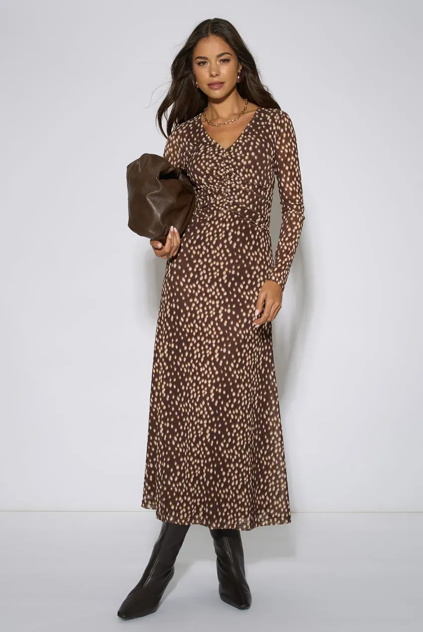Gini London Animal Mesh Ruched Abito Midaxi Marrone Manica Lunga