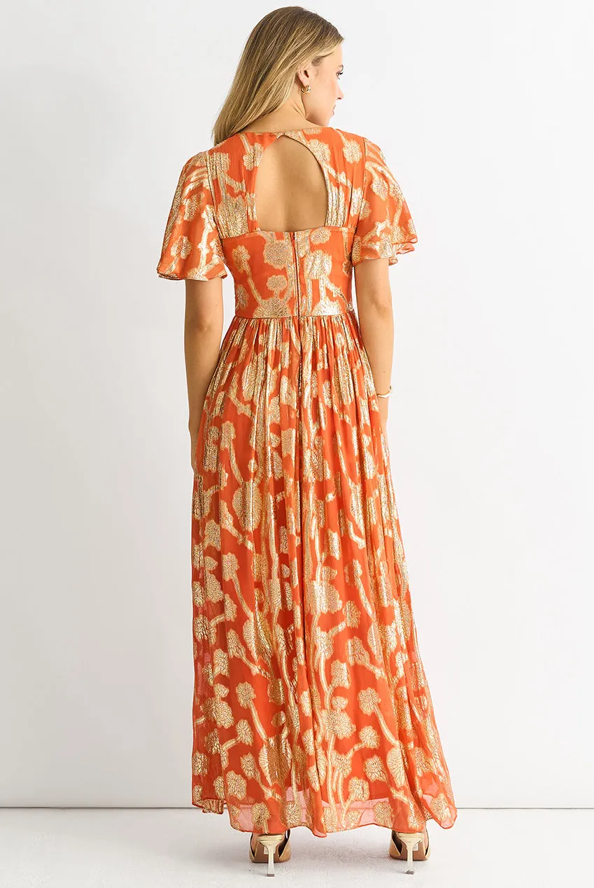 Gini London Metallic Jacquard abito maxi arancione floreale
