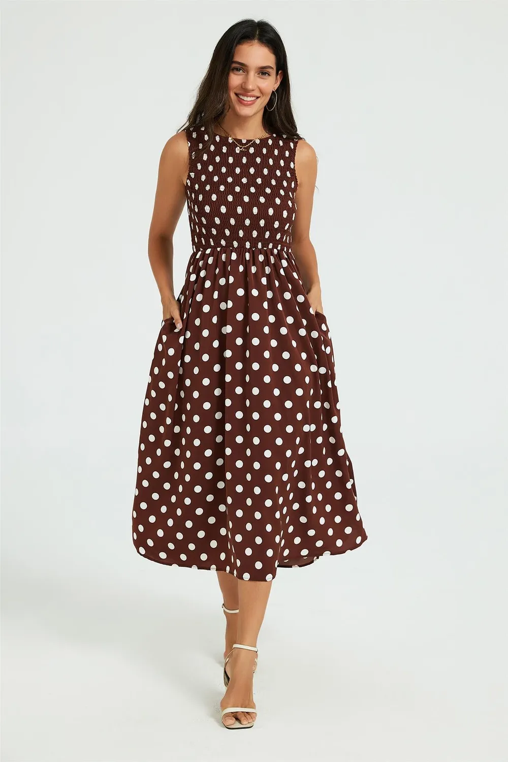 FS Collection Abito Midi Marrone Pois Senza Maniche