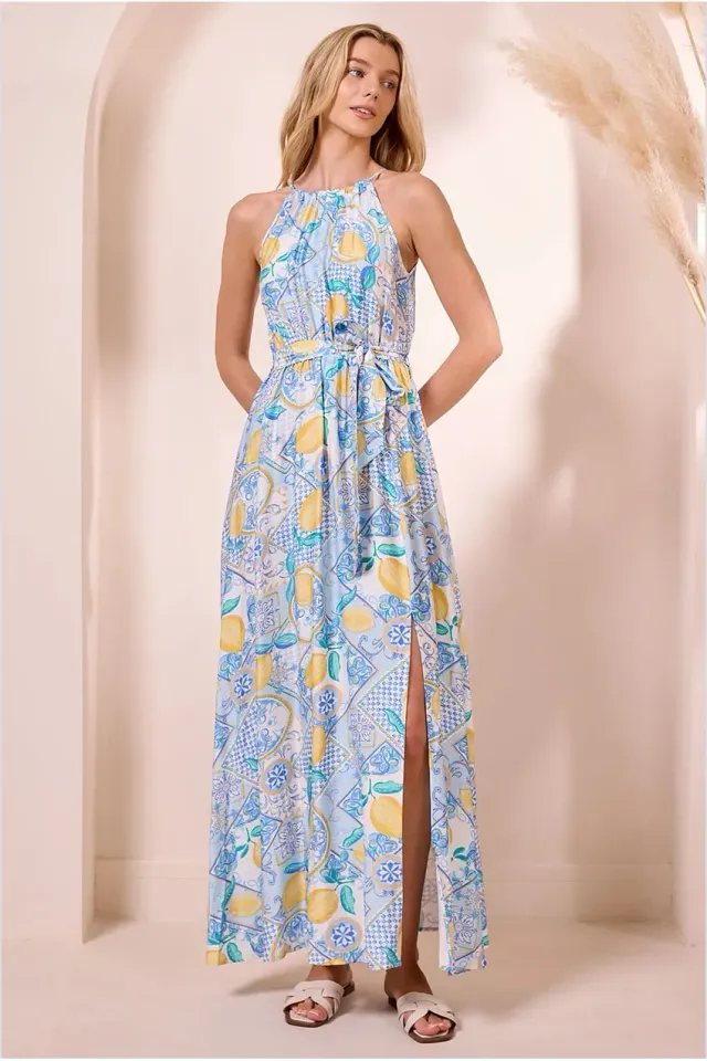 Angeleye Halterneck abito maxi blu limoni