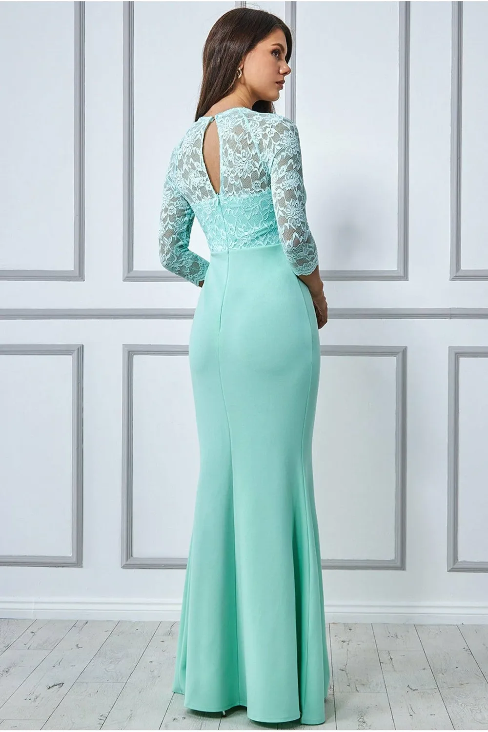 Goddiva Lace Bodice abito maxi menta pizzo maniche