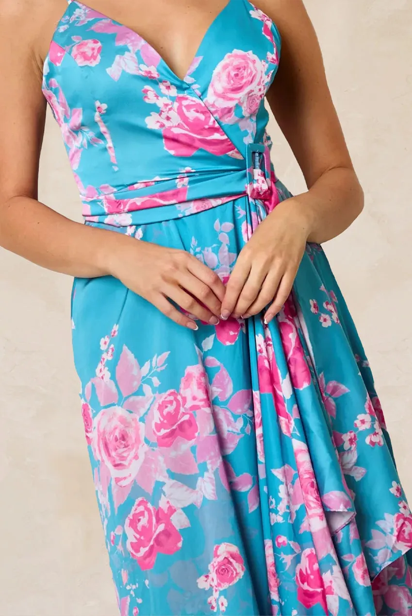 Chi Chi London abito midi floreale verde satin incrociato