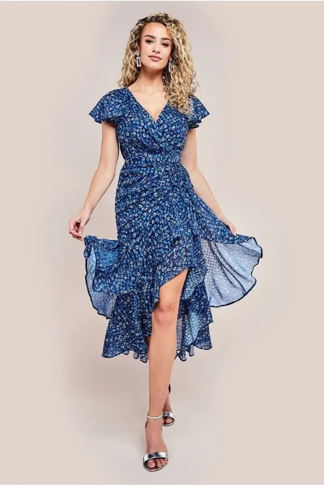 Goddiva Wrap High Low abito midaxi navy fantasia