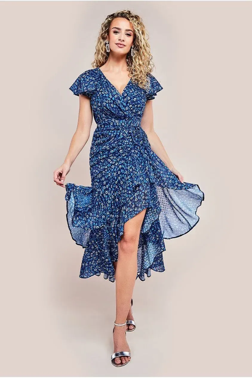 Goddiva Wrap High Low abito midaxi navy fantasia