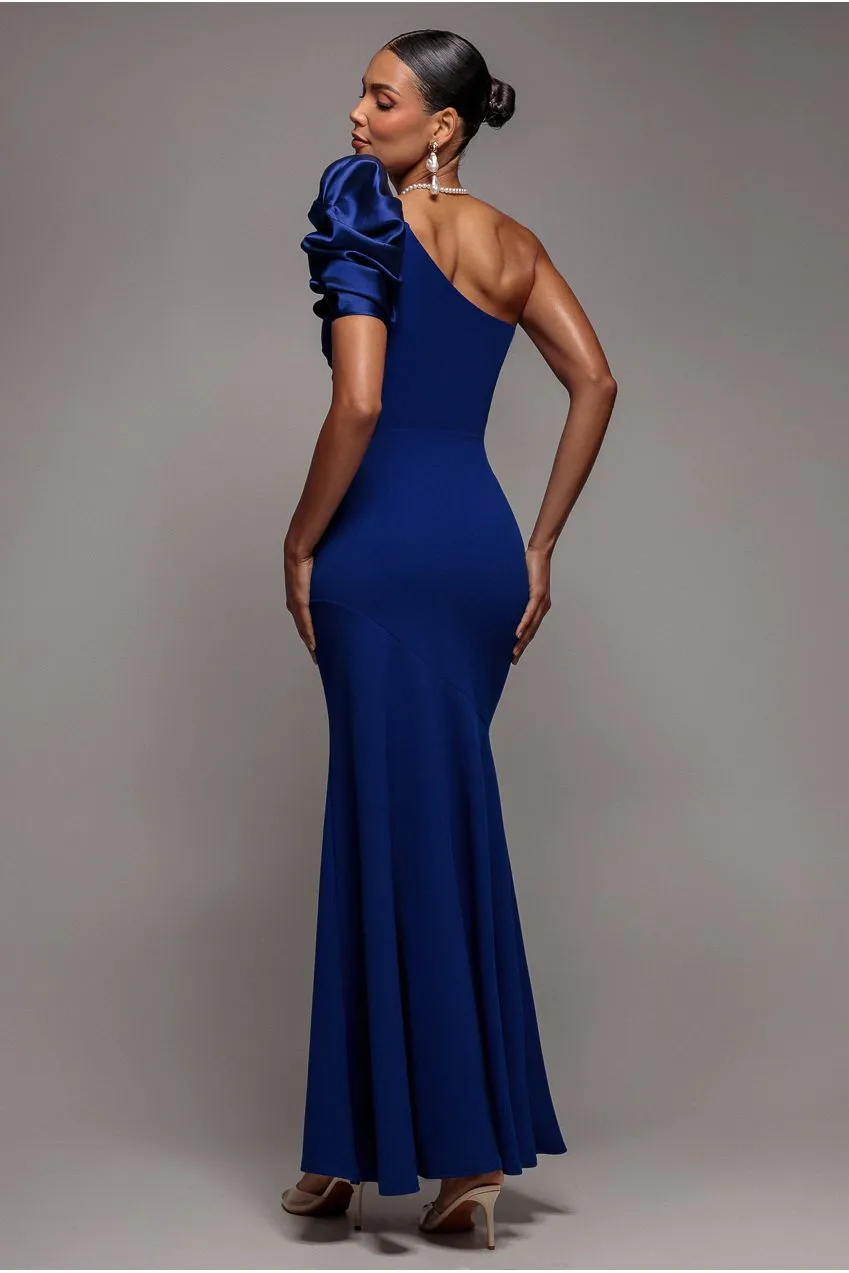 Goddiva Satin abito maxi monospalla blu royal