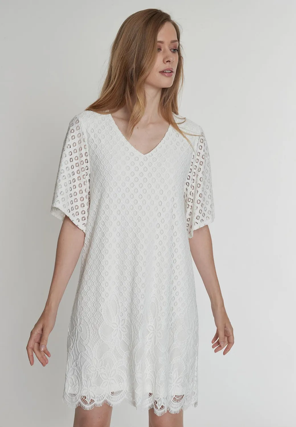 Ana Alcazar Paemi abito pizzo bianco corto scollo V