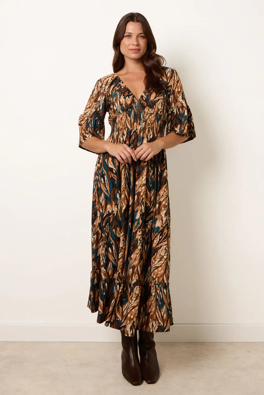 Blue Vanilla Shirred Waist abito midi cioccolato stampa