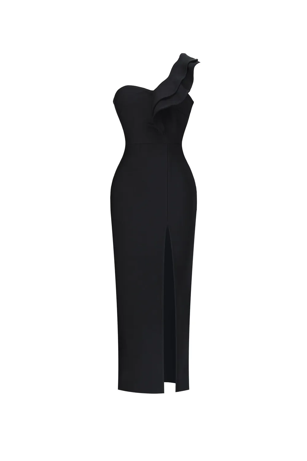 Bella Barnett Winnie abito midi bandage nero monospalla spacco