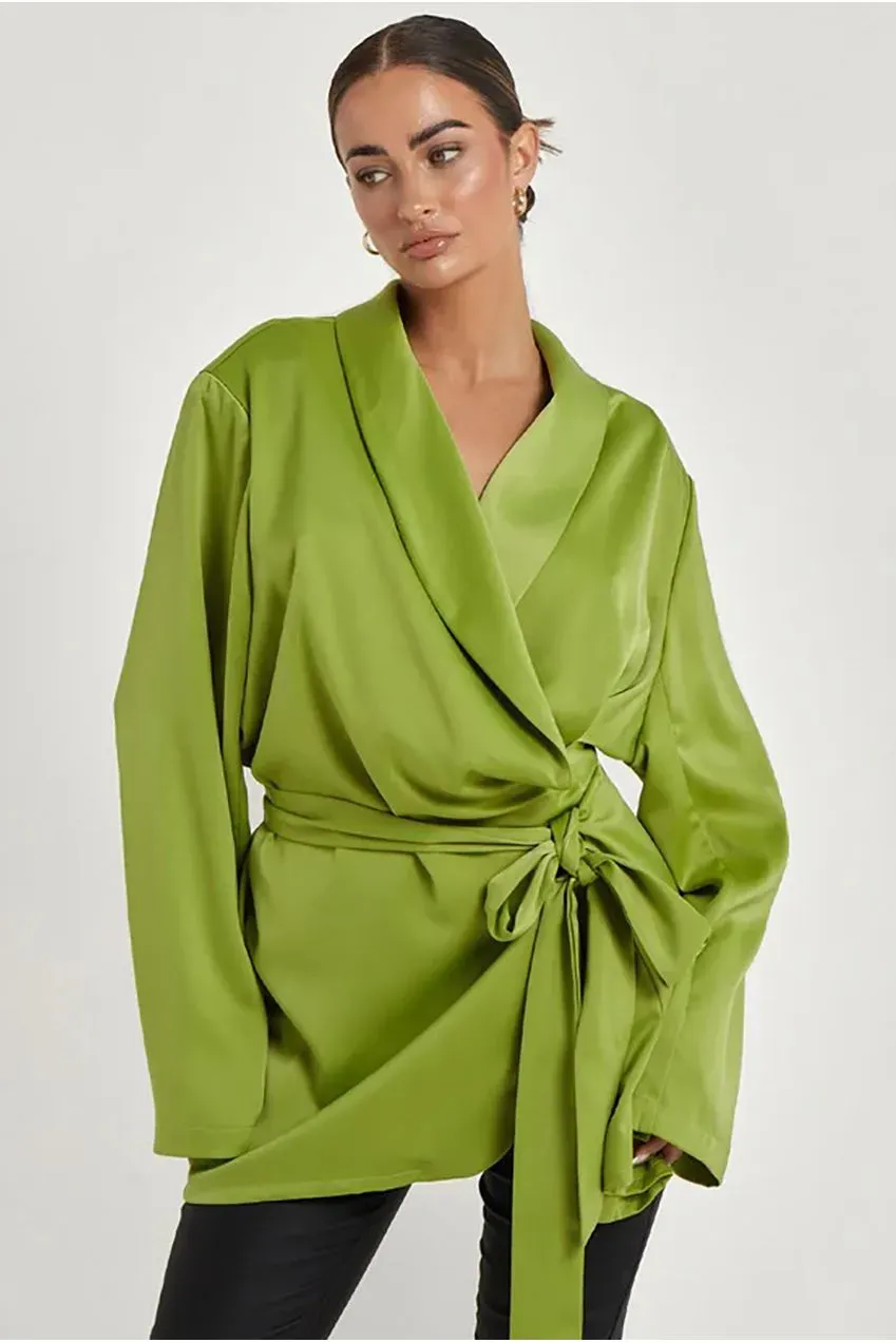 Urban Bliss Wrap blazer verde satin con cintura