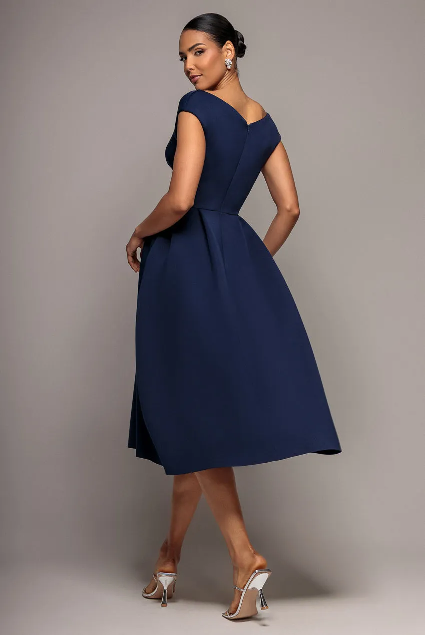 Goddiva Corset Fit & Flare abito midi blu navy tasche