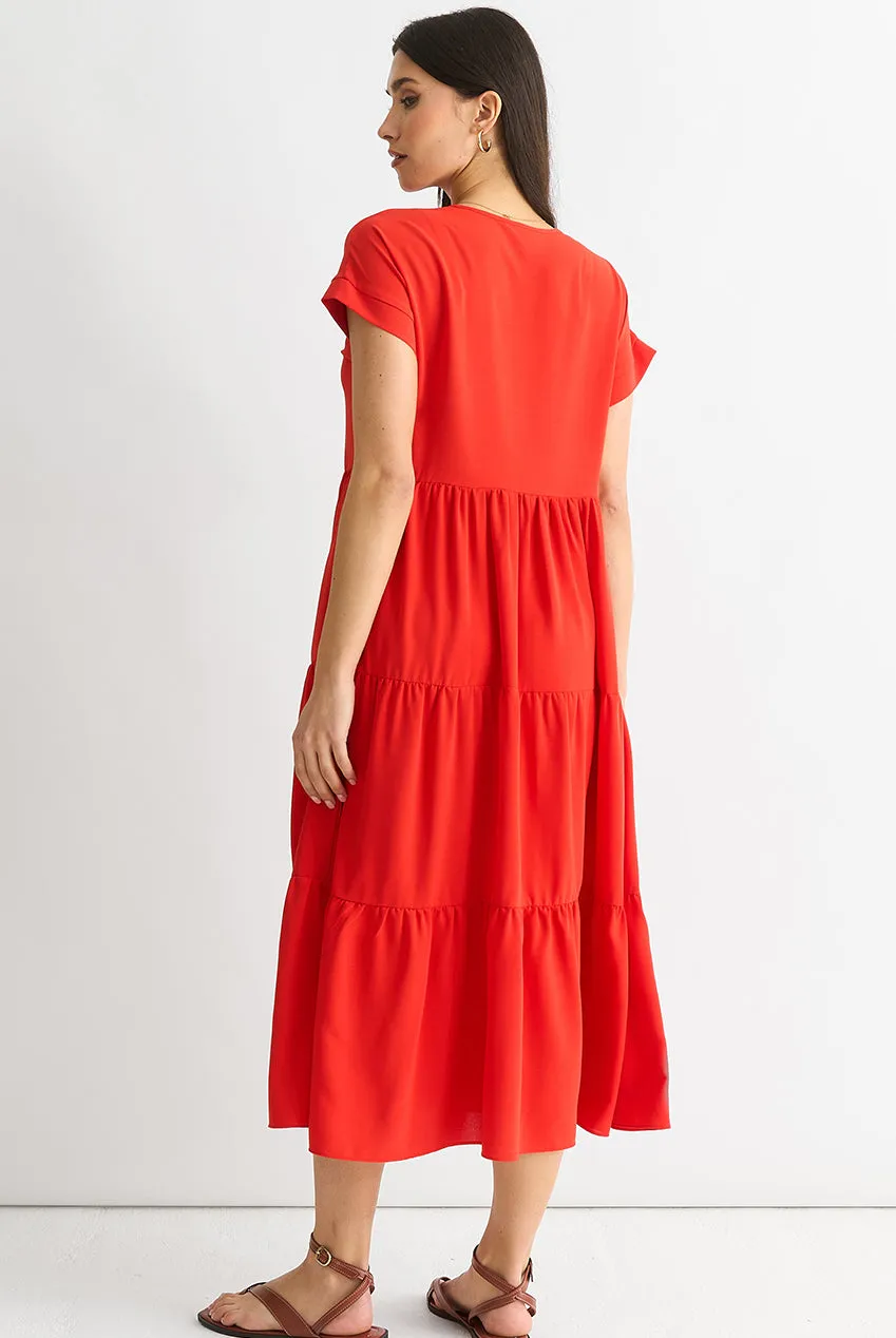 Gini London Smock abito midi rosso scollo a V tasche
