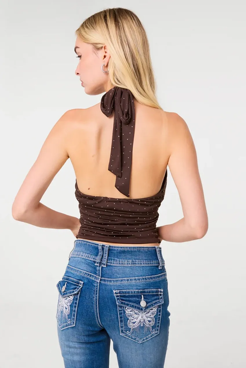 Pink Vanilla Diamante Slinky top halter cioccolato strass