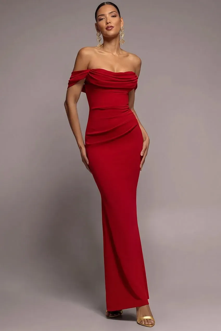 Goddiva abito maxi rosso scollo cowl spalle scoperte