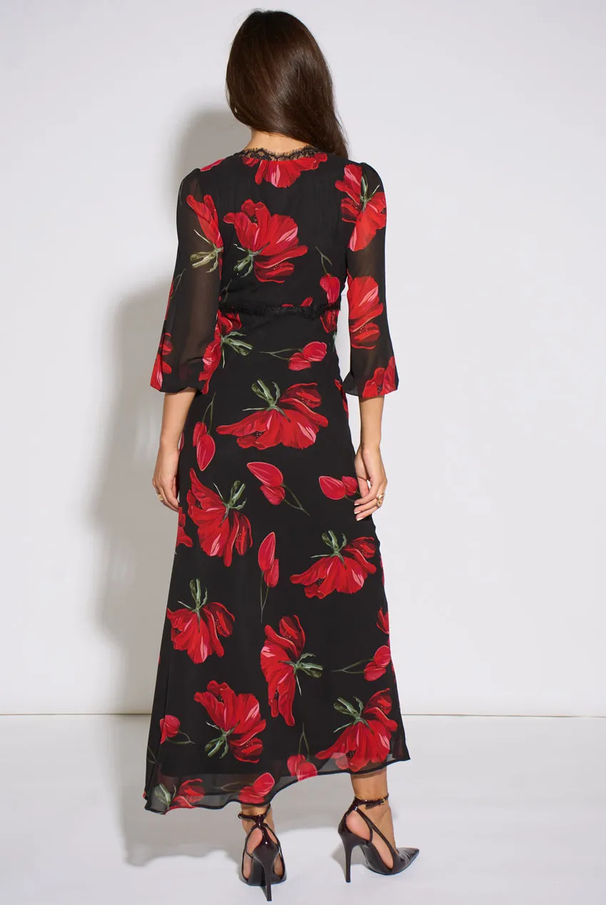 Gini London Bloom abito midi nero fiori rossi pizzo