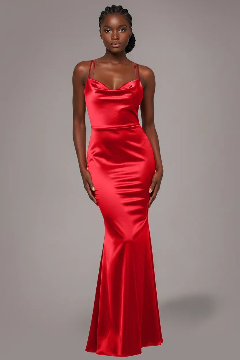 Goddiva Cowl Neck DR2113 abito maxi rosso satin 10