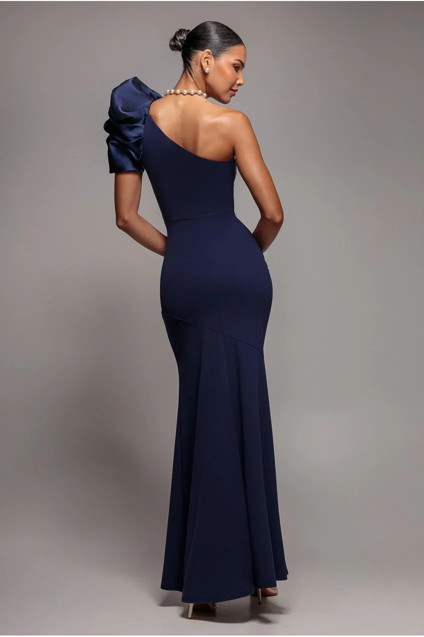 Goddiva One Shoulder abito maxi raso blu navy monospalla
