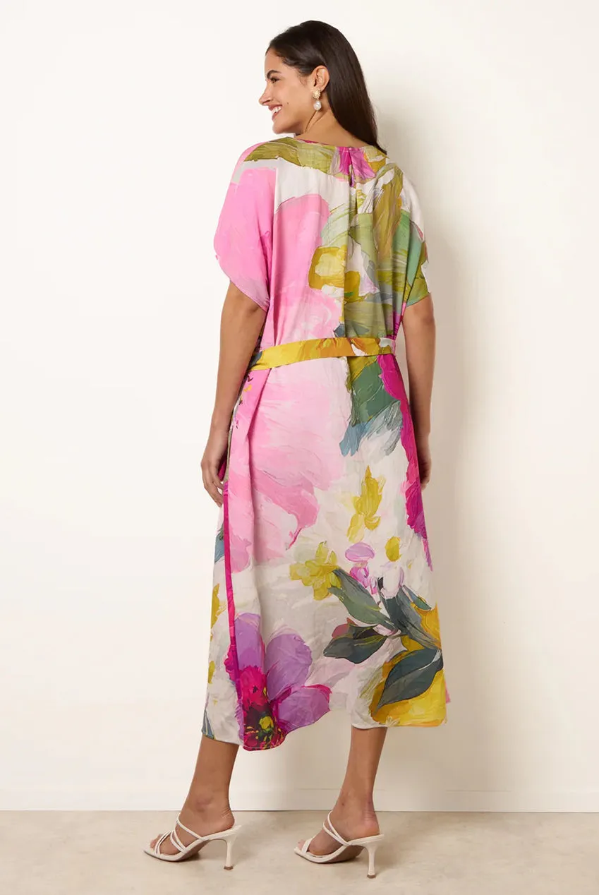 Blue Vanilla Abito Midi Rosa Tie Waist Maniche Corte Unica